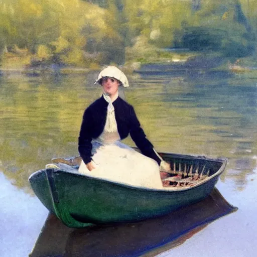 Image similar to An edwardian woman sitting in a boat on a calm lake in the style of Anders Zorn