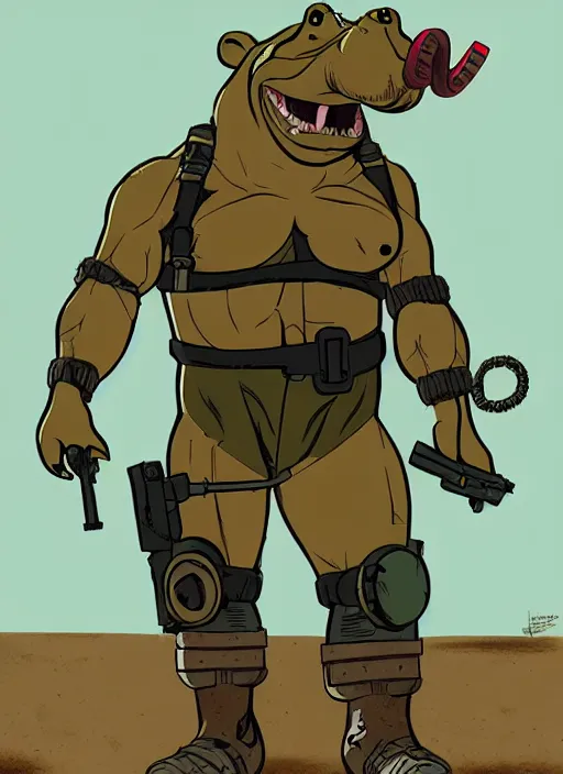 Prompt: an anthropomorphic hippopotamus dressed as solid snake, in a post-apocalyptic wasteland, illustration in the style of Don Bluth, ralph bakshi, Peter Laird, Jamie Hewlett