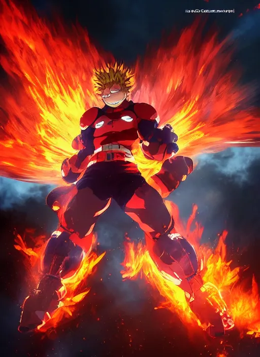 Image similar to Endeavor from my hero academia have flame wings and posing, anime, hyper realism, dark atmosphere, cinematic shot, intricate, ornate, photorealistic, ultra detailed, realistic, 100mm, photography, octane, high definition, depth of field, bokeh, 8k, artstation