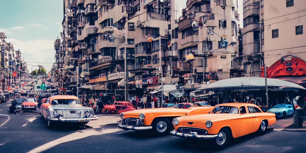 Prompt: low angle wide shot, street scene, retro futuristic vintage shiny polished traffic mainly cars and motorcycles, volumetric lighting, beautiful, day time, spring, sunny weather, sharp focus, highly detailed, photorealistic, 4 0 0 0 k, f 1. 4, cgsociety