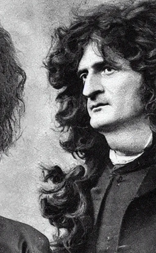 Image similar to a close - up old black and white photo, 1 9 1 3, depicting isaac newton wearing a big wig fighting gottfried leibnitz wearing a big wig in the streets of paris, rule of thirds, historical record