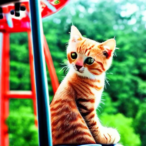 Image similar to !!! cat!!!, ( ferris wheel ), feline, sitting, riding, funny, award winning photo, realistic,