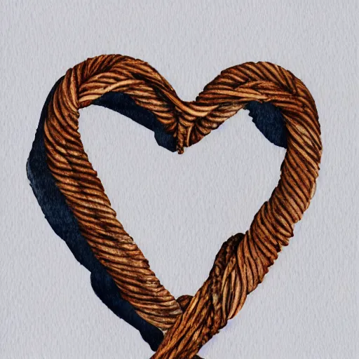 Image similar to watercolor art of a brown rope tied in the shape of a heart laying on a white background