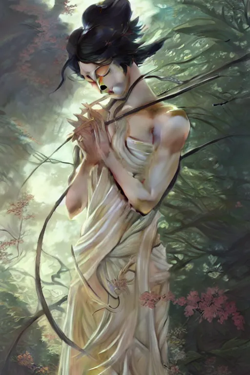 Prompt: Japanese goddess of nature, accurate anatomy, only two hands, highly detailed, digital painting, artstation, concept art, smooth, sharp focus, illustration, Unreal Engine 5, 8K, art by Ross Tran and greg rutkowski and alphonse Mucha