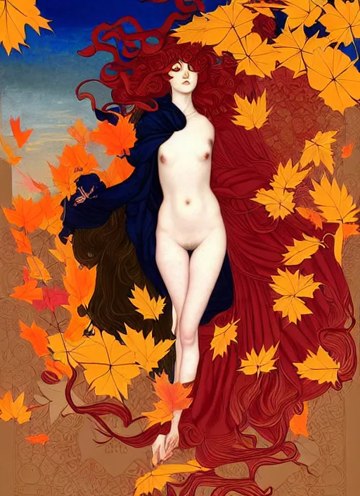 Image similar to 3 Autumn Muses symbolically representing September, October, and November, in a style blending Æon Flux, Peter Chung, Shepard Fairey, Botticelli, Ivan Bolivian, and John Singer Sargent, inspired by pre-raphaelite paintings, shoujo manga, and cool Japanese street fashion, dramatic autumn landscape, leaves falling, deep sunset tones, hyper detailed, super fine inking lines, ethereal and otherworldly, 4K extremely photorealistic, Arnold render