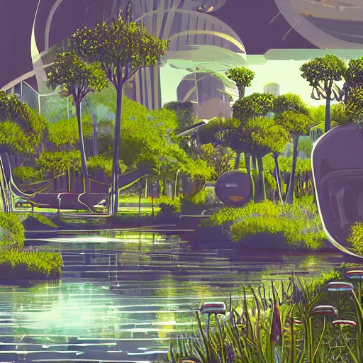 Image similar to beautiful happy picturesque charming organic futuristic sci - fi town in harmony with nature. water and plants. beautiful light. grainy and rough. soft colour scheme. beautiful artistic vector graphic design art by lurid. ( 2 0 2 2 )