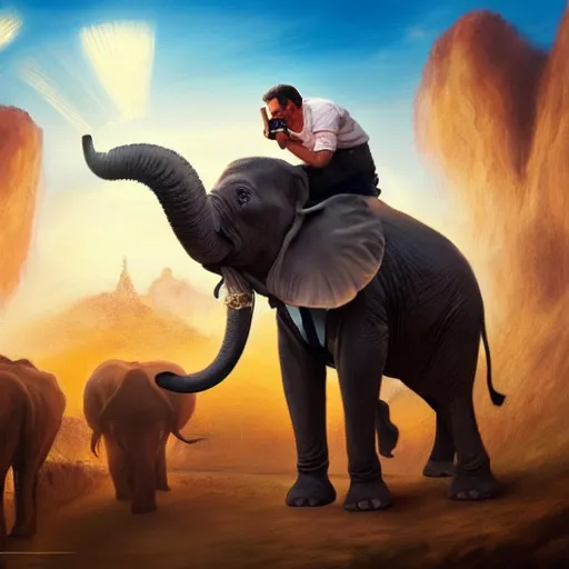 Prompt: Paul chuckle taking a selfie while riding an elephant, fantasy painting, soft lighting, artstation, 4k