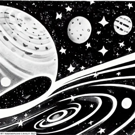 Image similar to Liminal space in outer space, Old 50s cartoon