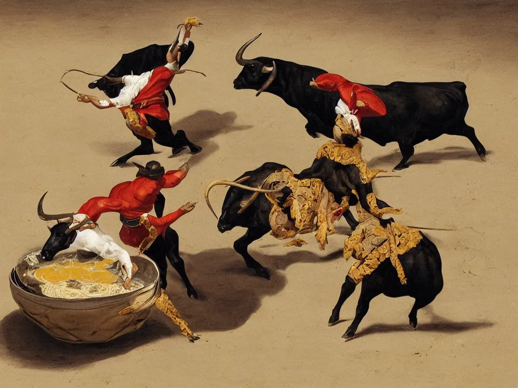 Image similar to matador challenging a bull in a ramen bowel filled with a desert