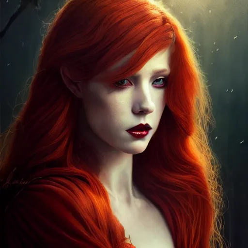 Image similar to majestic gracious regal aristocratic female red haired vampire portrait, atmospheric lighting, painted, seductive, menacing, intricate, volumetric lighting, beautiful, rich deep colours masterpiece, golden hour, sharp focus, ultra detailed, by leesha hannigan, ross tran, thierry doizon, kai carpenter, ignacio fernandez rios
