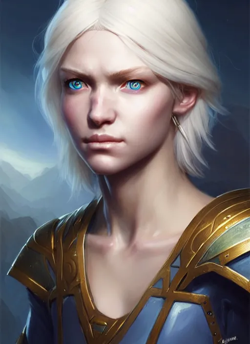 Image similar to a fantasy style portrait painting of shy white female paladin with blonde hair and blue eyes shy, scar under left eye, holy oil painting unreal 5 daz. rpg portrait extremely detailed artgerm greg rutkowski _ greg