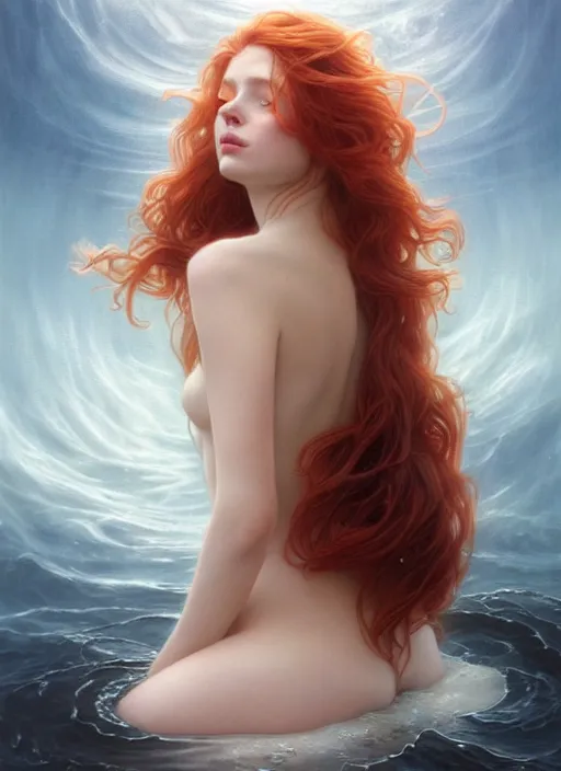 Prompt: goddess of the ocean portrait of a seductive redhead dreaming in underwater murky light, wind blown hair! fantasy esoteric, d & d, fantasy, intricate, elegant, highly detailed, digital painting, artstation, concept art, matte, sharp focus, illustration, art by artgerm and tom bagshaw and greg rutkowski and alphonse mucha