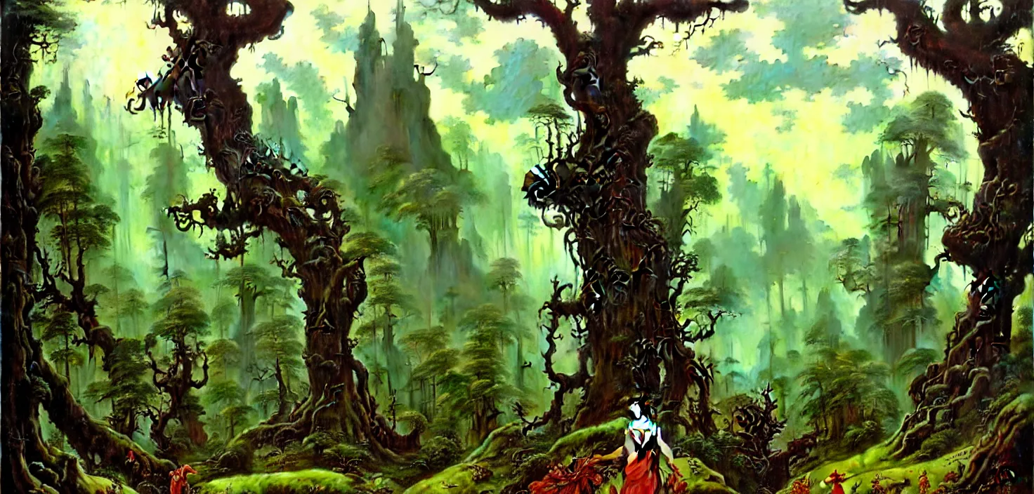 Image similar to exquisite imaginative fantasy landscape lush forests, moody sky, gnarly trees, with steampunk castles movie poster by : : norman rockwell, sargent, james gurney weta studio, trending on artstation james jean frank frazetta