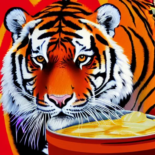 Prompt: tiger print by steve henderson, by pete turner experimental. in this body art, the artist has used a photo - realist style to depict a can of soup. the can is placed on a plain background, & the artist has used bright, primary colors to create a striking image. the body art is both realistic & abstract