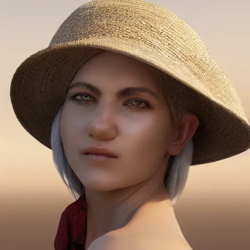 Image similar to a blind girl with white hair wearing a straw hat in the desert, digital art, 8 k resolution, unreal engine, highly detailed, pretty face, very beautiful face, feminine face, very detailed eyes, photorealistic by wlop, greg rutkowski