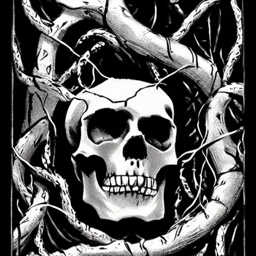 Image similar to A skull, with vines coming out of the eye sockets. Dark Fantasy, Film Noir, Black and White. High Contrast, Mike Mignola, D&D, OSR