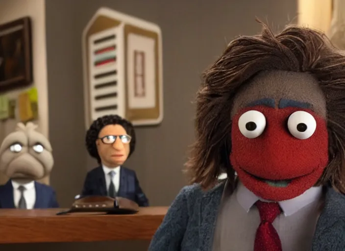 Prompt: film still of Robert California as a muppet from The Office, 4k