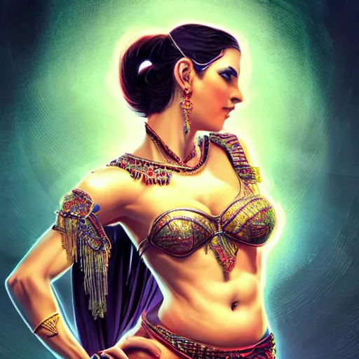 Image similar to photo of a beautiful female bellydancer, sharp focus, illustration, ultra real, masterpiece, glowing holy aura by magali villeneuve and stanley artgerm lau, wlop in the style of 1 3 ghosts