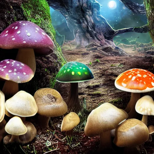 Image similar to ultra realistic hdr photo of mushrooms growing on an ancient alternative exotic alien planet in a galaxy far far away