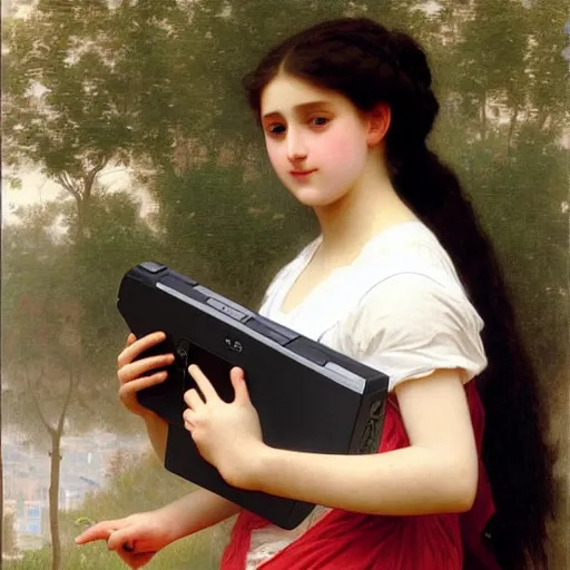 Image similar to teenage girl playing on her nintendo switch, painting by adolphe bouguereau, hyper detailed,