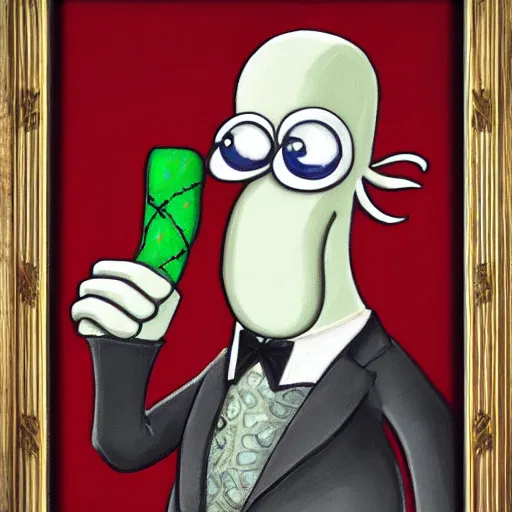 Image similar to squidward wearing an ornate suit, portrait style painting