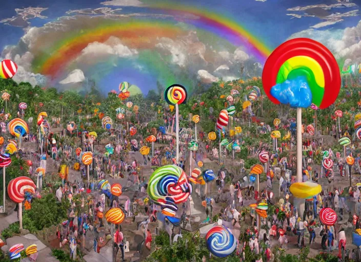 Prompt: where's waldo, lollipops and rainbows, lowbrow, matte painting, 3 - d highly detailed, in the style of camille rose garcia