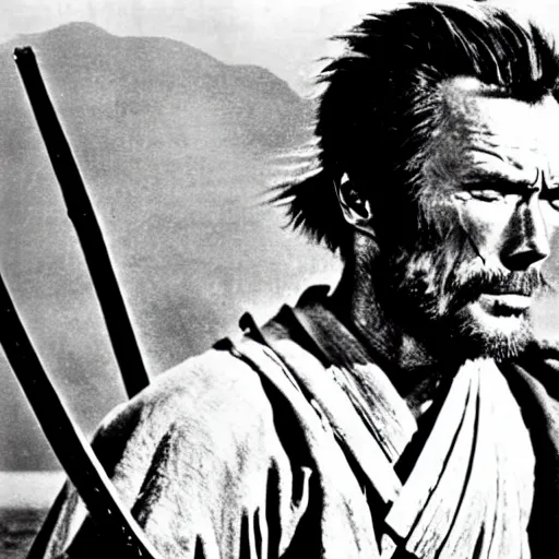 Image similar to clint eastwood as a samurai in seven samurai ( 1 9 5 4 ). grainy movie still