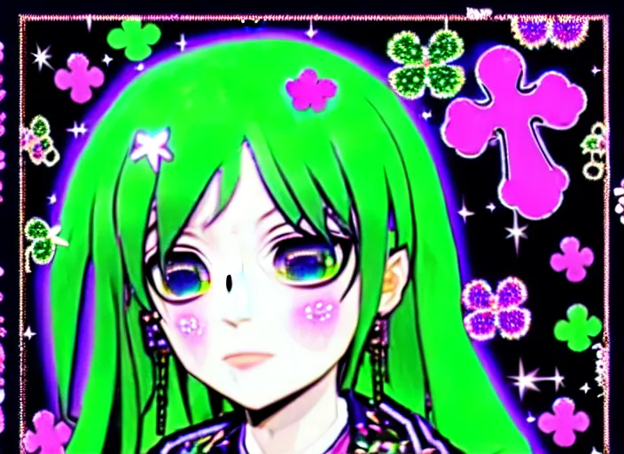 Image similar to baroque bedazzled gothic royalty frames surrounding a hologram of decora styled green haired yotsuba koiwai wearing a gothic spiked jacket, background full of lucky clovers, crosses, and shinning stars, holography, irridescent