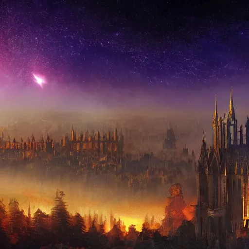 Prompt: sprawling view of gothic city under meteor rain, fantasy