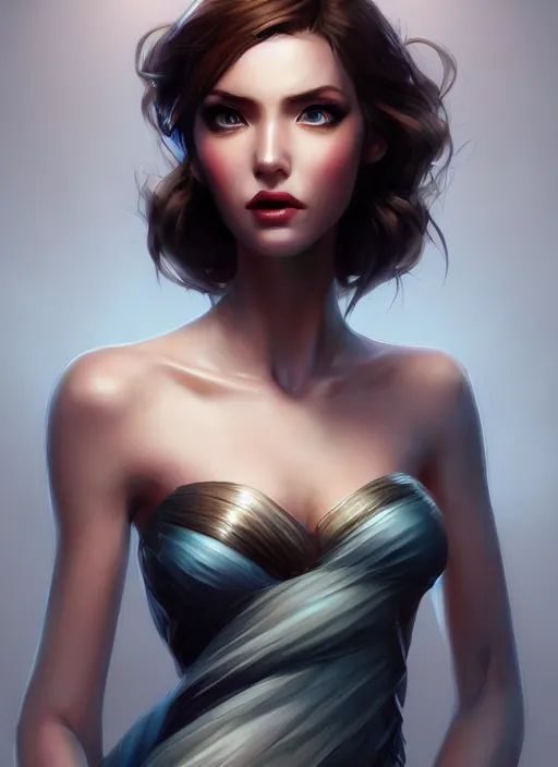 Image similar to beautiful fashion goddness, strapless dress, character portrait in the style of thomas river and artgerm, wlop, cinematic lighting, hyperdetailed, 8 k realistic, symmetrical, global illumination, radiant light, halo, love and mercy, frostbite 3 engine, cryengine, dof, trending on artstation, digital art, chanel