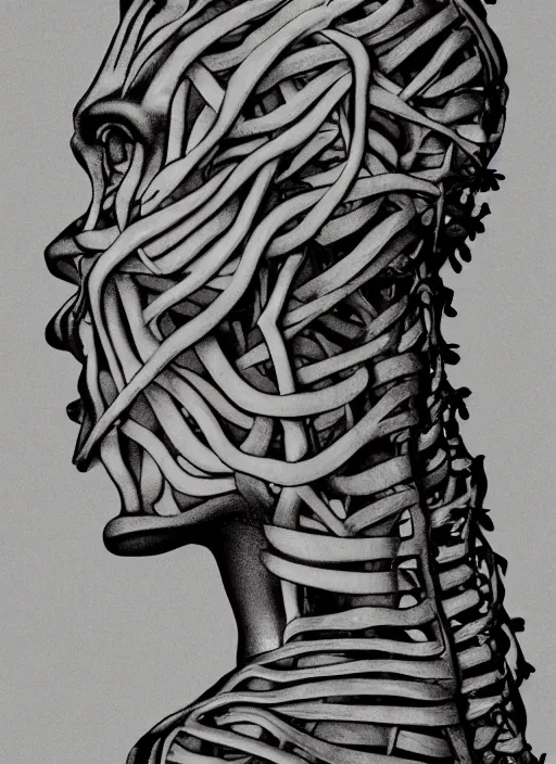 Image similar to a woman's face in profile, made of vines skeleton, in the style of the Dutch masters and Gregory Crewdson, dark and moody