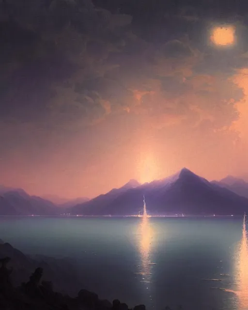 Prompt: a hyper realistic matte painting of the lake lake full of river lights, distant mountains, night sky ， clouds, by ohara koson and ivan aivazovsky and stephan martiniere, heavenly lighting, retrowave, 4 k hd wallpaper
