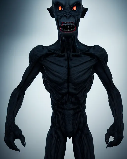 Image similar to full body dark and intimidating portrait of an angry grey alien with sharp glowing black eyes, standing upright with blue wispy light highlighting from behind its figure on a black background, scary, dark and high resolution, 3 d, rim lighting, octane render, 8 k, ultra detailed, photorealistic,