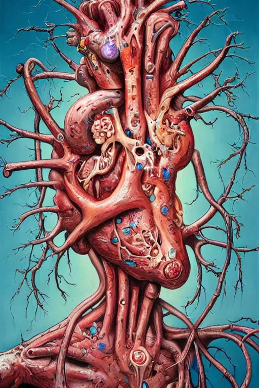 Prompt: Human Heart, hyper-realistic oil painting, Body horror, biopunk, by Alex Pardee