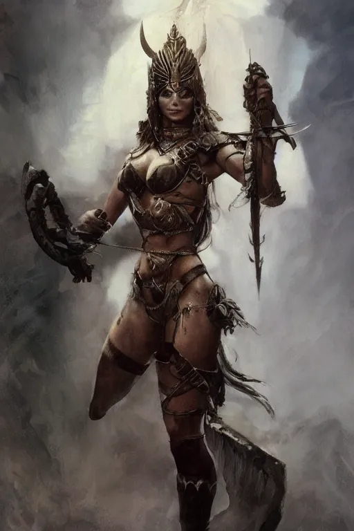 Image similar to full character portrait of a beautiful female warrior by frank frazetta, Ann Bachelier, trending on artstation, Mystical Valkyrie, realistic, clear refined, beautifully detailed, digital art, Unreal Engine, 8k, HD