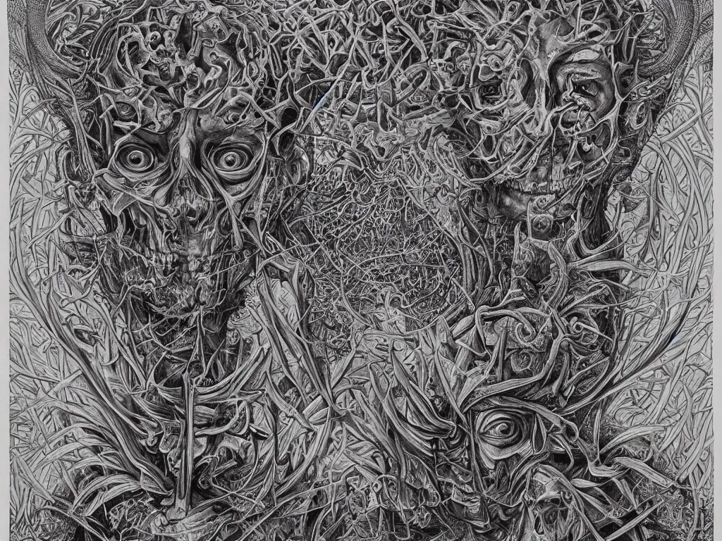 Image similar to meditation on death by Alex Grey and M. C. Escher collaboration