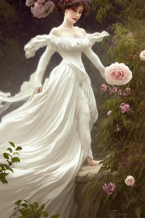 Prompt: woman dressed in a vaporous wrapped large victorian white roses silk dress fashion, D&D, fantasy, intricate, elegant, highly detailed, digital painting, artstation, concept art, matte, sharp focus, illustration, art by Artgerm and Greg Rutkowski and Alphonse Mucha