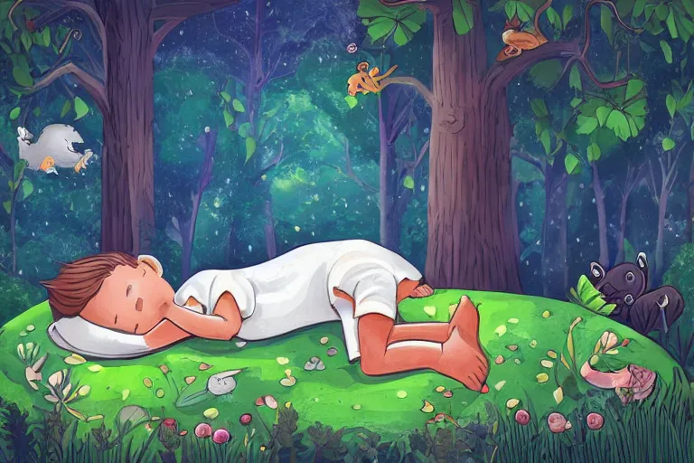 Prompt: a beautiful illustration of a little cute boy on his bed dreaming about a beautiful green forest with lots of different animals, detailed face, beautiful colors, digital art