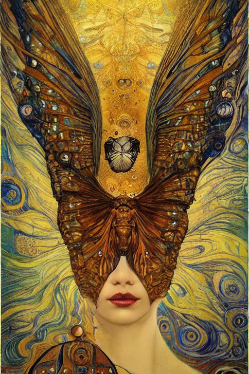 Image similar to Metamorphosis by Karol Bak, Jean Deville, Gustav Klimt, and Vincent Van Gogh, transformation portrait, chimera, visionary, cicada wings, otherworldly, fractal structures, ornate gilded medieval icon, third eye, hybrid, fusion, change, spirals, horizontal symmetry