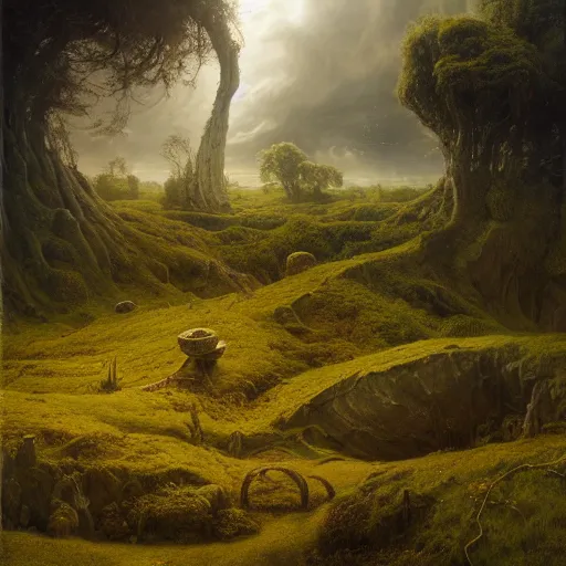 Prompt: the shire highly detailed matte painting, hyperrealistic, very intrincate | cinematic lighting, award - winning | by rachel ruysch, giger, beksinski and bocklin | by austin osman spare and william blake, trending on artstation, cgsociety, official art, octane