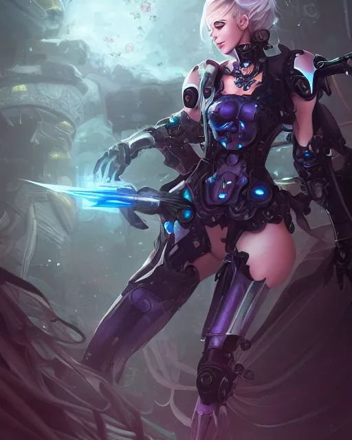 Image similar to holy cyborg necromancer girl, elegant, scifi, futuristic, utopia, garden, illustration, atmosphere, top lighting, blue eyes, white hair, focused, artstation, highly detailed, art by yuhong ding and chengwei pan and serafleur and ina wong