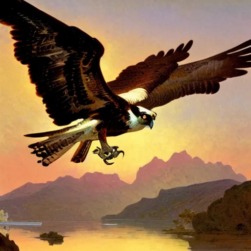 Image similar to an osprey in flight over a spectacular mountain at golden hour. by albert bierstadt, alphonse mucha and julie dillon.