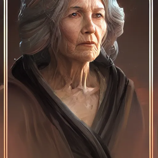 Prompt: portrait of a woman by greg rutkowski, grand jedi master jade skywalker, copper wavy hair, star wars expanded universe, she is about 7 0 years old, wearing jedi robes, wise and serene, highly detailed portrait, digital painting, artstation, concept art, smooth, sharp foccus ilustration, artstation hq