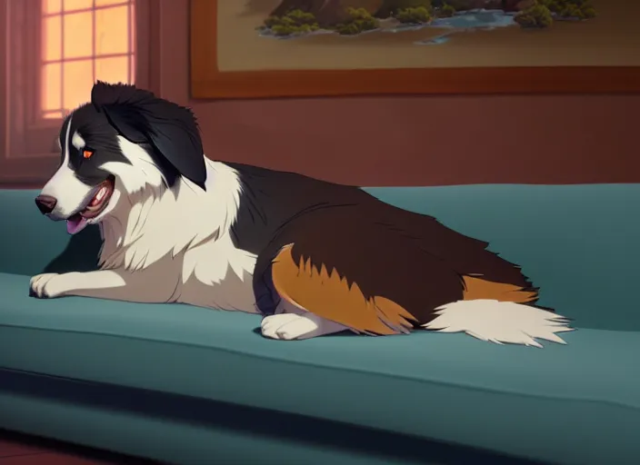 Image similar to a wholesome animation key shot of an australian shepherd, sleeping on a leather couch, studio ghibli, pixar and disney animation, sharp, rendered in unreal engine 5, anime key art by greg rutkowski, bloom, dramatic lighting