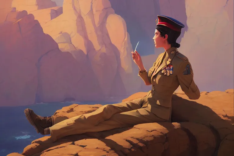 Image similar to a painting of a military woman sitting on a cliff, smoking a cigarette, a character portrait by rhads, makoto shinkai and lois van baarle, ilya kuvshinov, rossdraws global illumination and tom bagshaw, cg society, fantastic realism, intricate, detailed