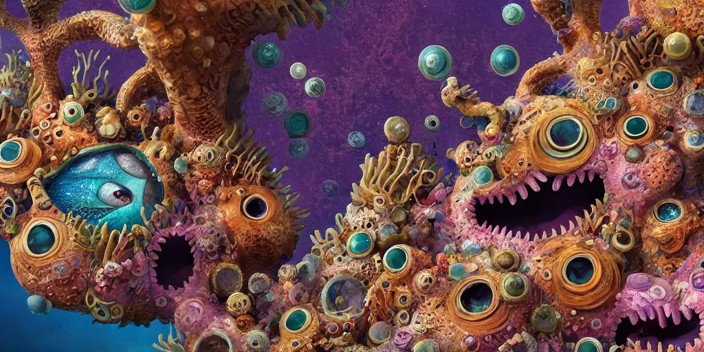 Image similar to of an intricate sea reef with strange cute friendly happy creatures with huge eyes, mouth, long tongue, round teeth and goofy face, appearing from the background, in the style of gehry and gaudi, macro lens, shallow depth of field, ultra detailed, digital painting, trending artstation, concept art, illustration, cinematic lighting, photorealism, epic, octane render