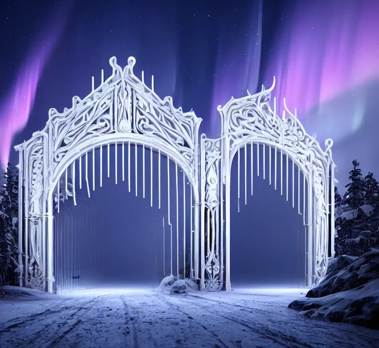 Image similar to a very detailed concept art of intricate and scandinavian white gates to aurora borealis, trending on artstation, symmetry, digital art, 4 k, hyper realistic, octane render, sharp focus