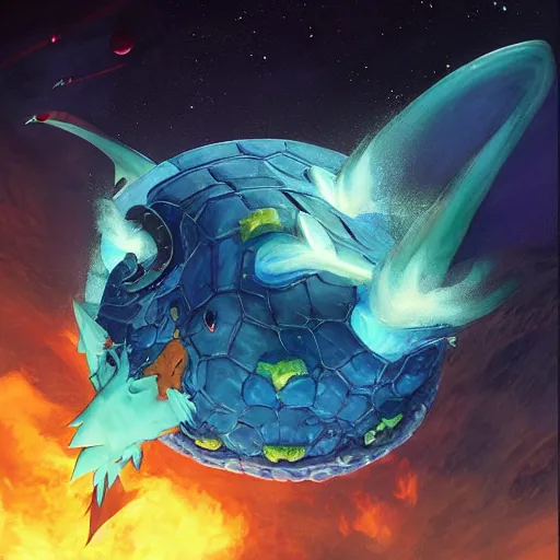 Prompt: Gigantic blue scaled dragon devouring an earth like planet while flying in space, sun system, charizard, nebula, oil painting, by Fernanda Suarez and Edgar Maxence and Greg Rutkowski