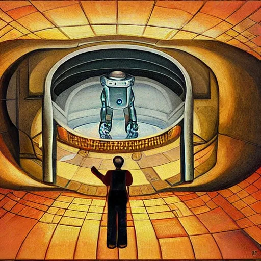 Image similar to robot being reanimated inside a dome - shaped control center, evil lair, pj crook, grant wood, oil on canvas