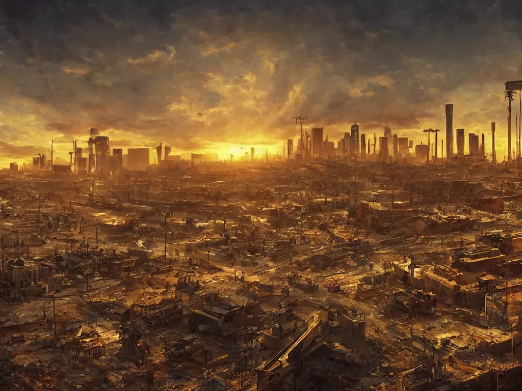 Prompt: a post apocalyptic mankato cityscape after a nuclear war, las vegas sign visible, beautiful radioactive sunset lighting, beautiful painting, fallout new vegas, painted by albert bierstadt